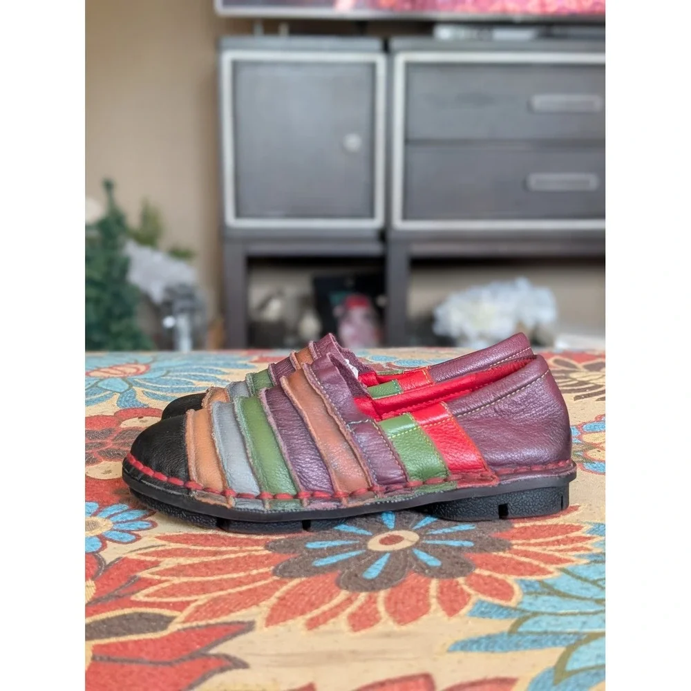 Handmade Women's Multicolor Leather Patchwork Slip On Loafers Comfort Shoes 7.5